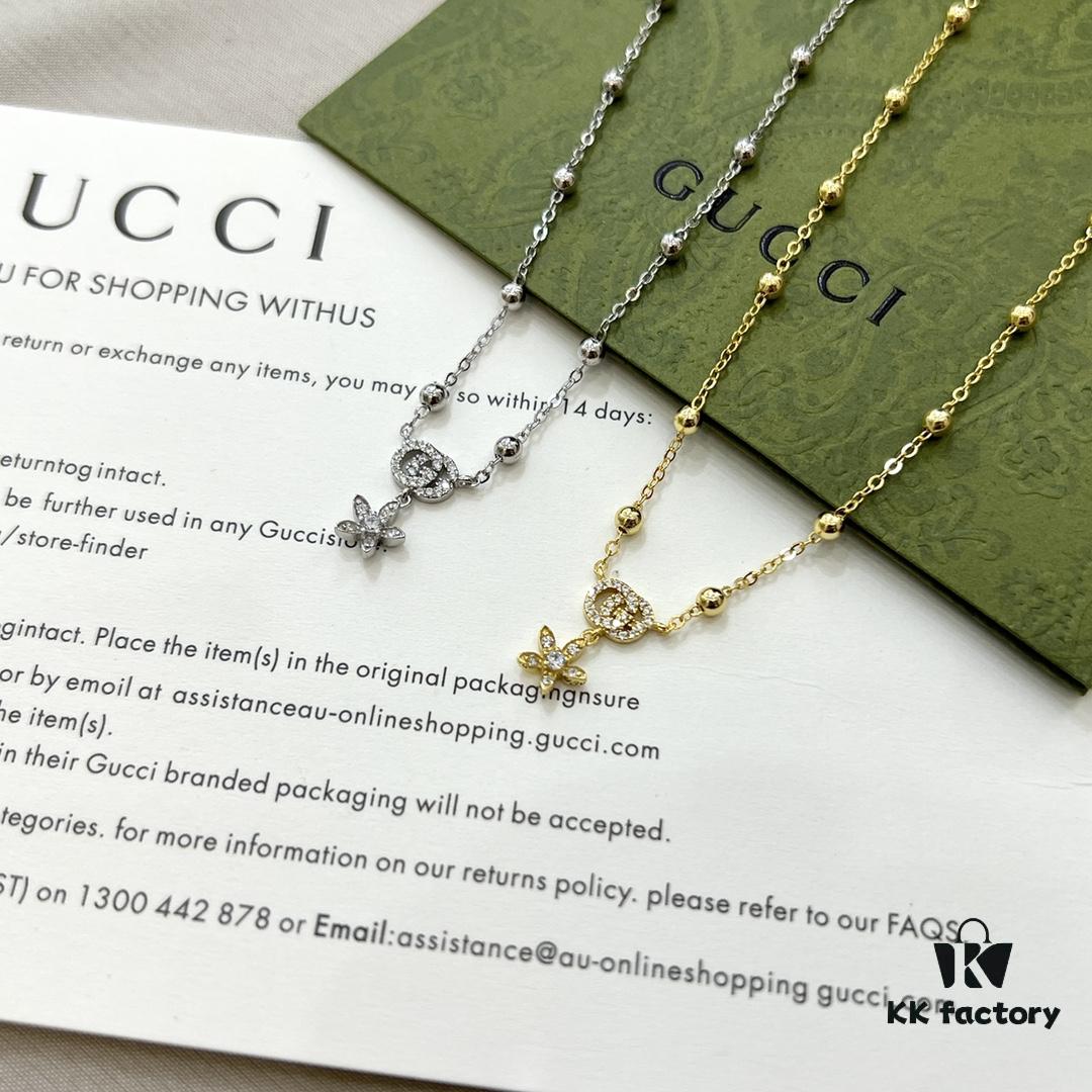 Gucci Gucci 925 Sterling Silver Double G Floral 18K White Gold Diamond Necklace