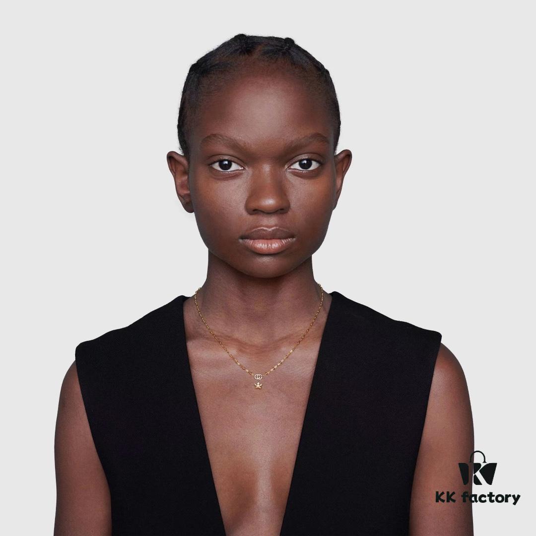 Gucci Gucci 925 Sterling Silver Double G Floral 18K White Gold Diamond Necklace