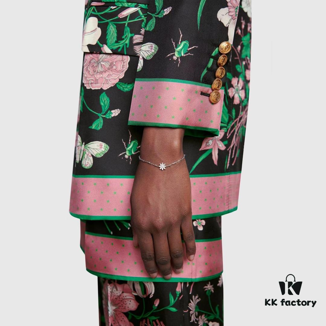 Gucci Gucci 925 Sterling Silver Double G Floral 18K White Gold Diamond Bracelet