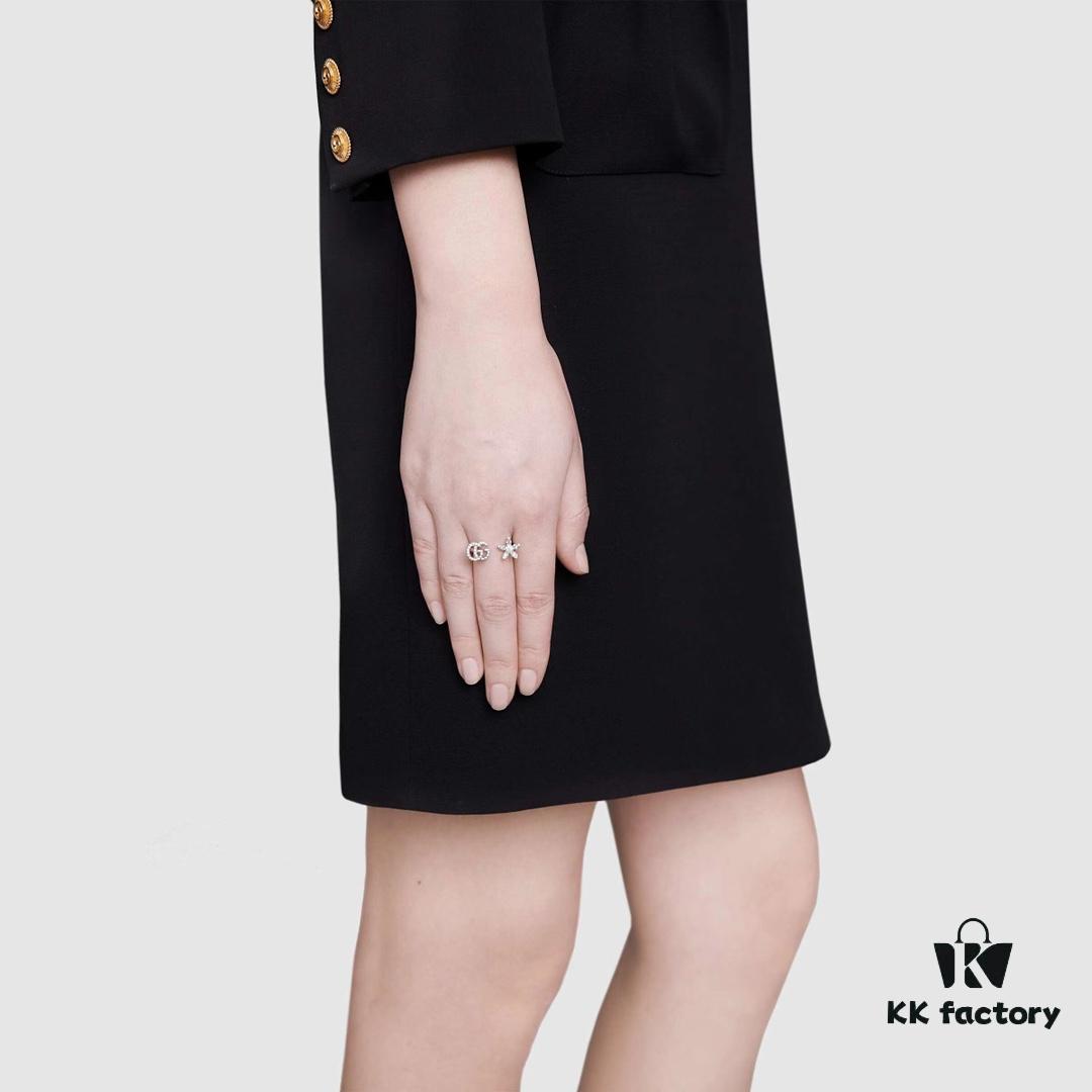 Gucci Gucci 925 Sterling Silver Double G Floral Ring with 18K White Gold and Diamond