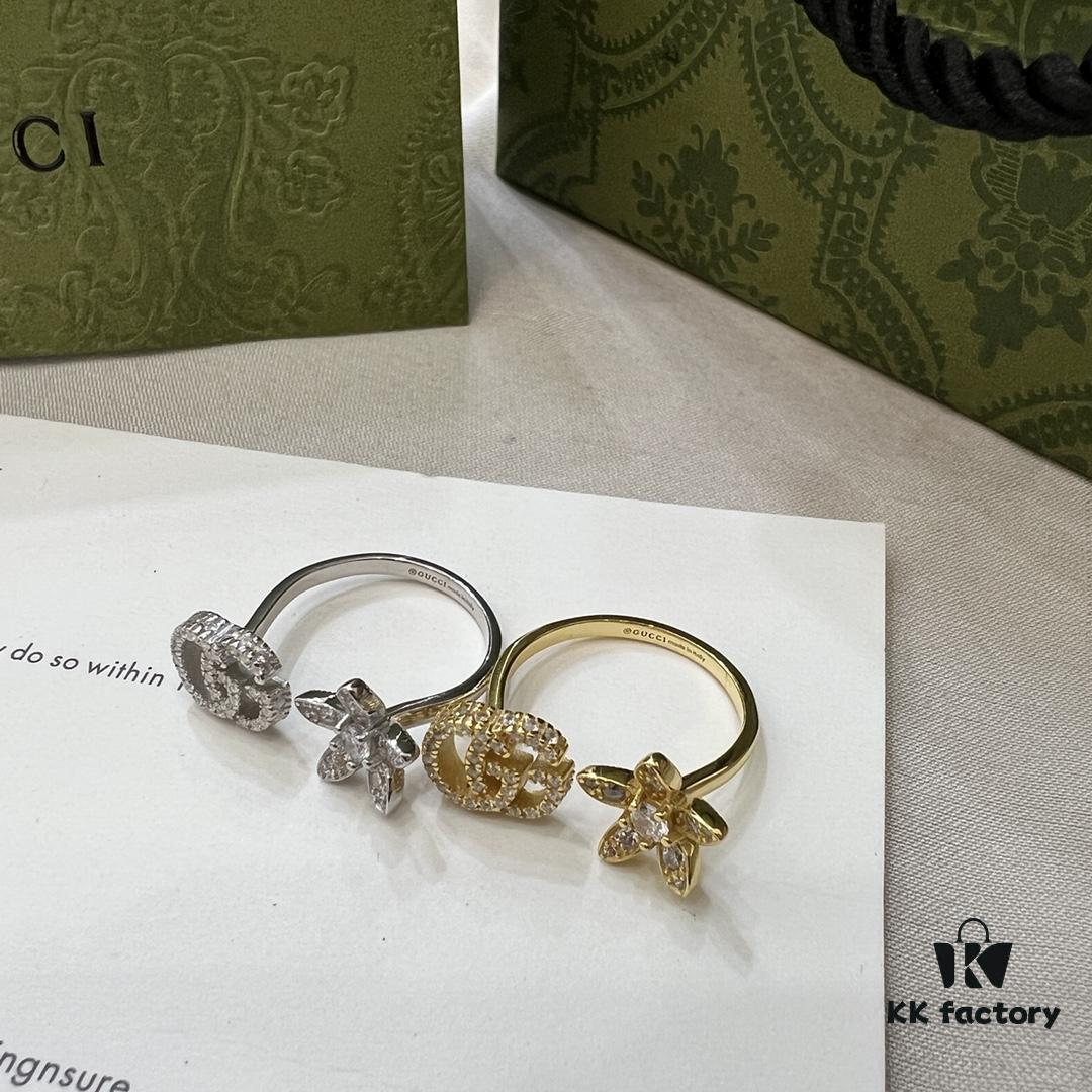 Gucci Gucci 925 Sterling Silver Double G Floral Ring with 18K White Gold and Diamond