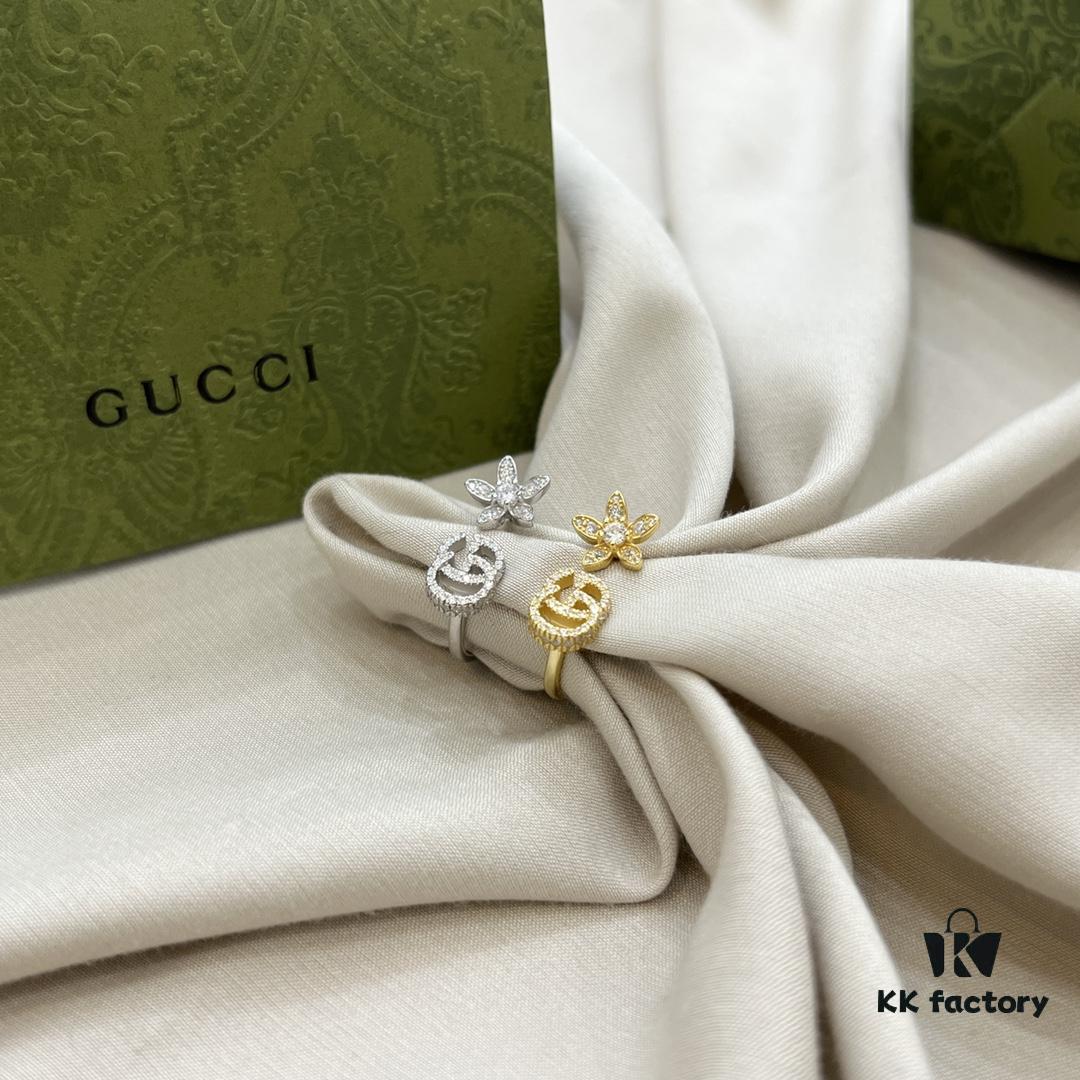 Gucci Gucci 925 Sterling Silver Double G Floral Ring with 18K White Gold and Diamond