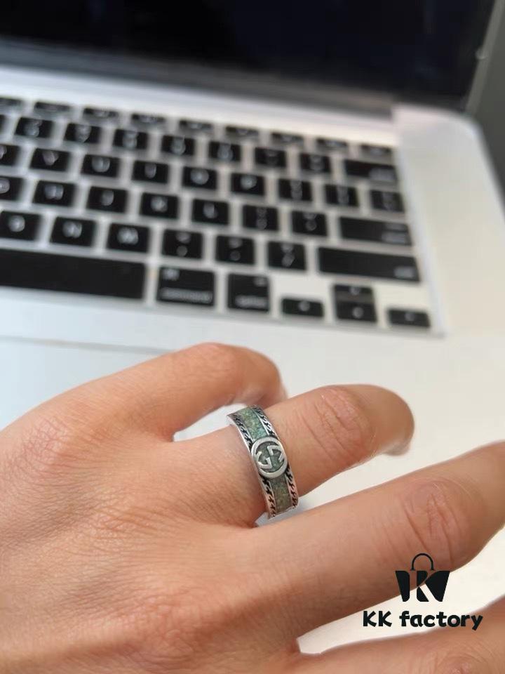 Gucci Gucci 925 Sterling Silver GG Light Gray Marble Pattern Enamel Ring