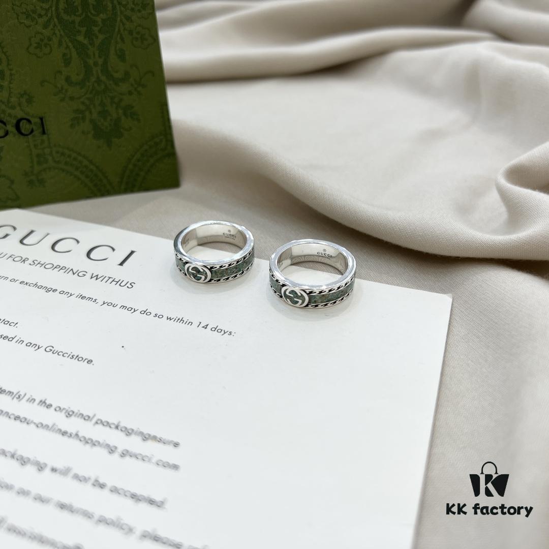 Gucci Gucci 925 Sterling Silver GG Logo Light Gray Marble Enamel Ring