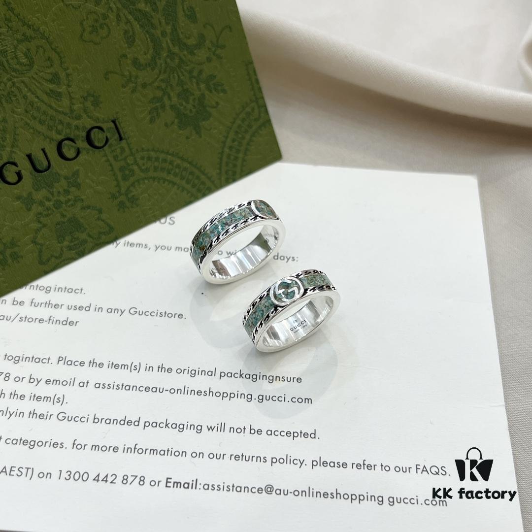 Gucci Gucci 925 Sterling Silver GG Logo Light Gray Marble Enamel Ring