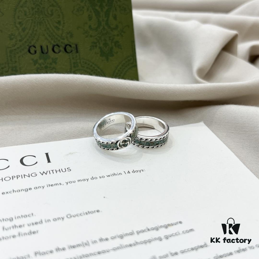 Gucci Gucci 925 Sterling Silver GG Logo Light Gray Marble Enamel Ring