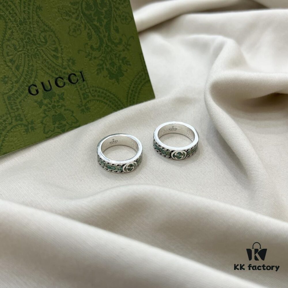 Gucci Gucci 925 Sterling Silver GG Logo Light Gray Marble Enamel Ring