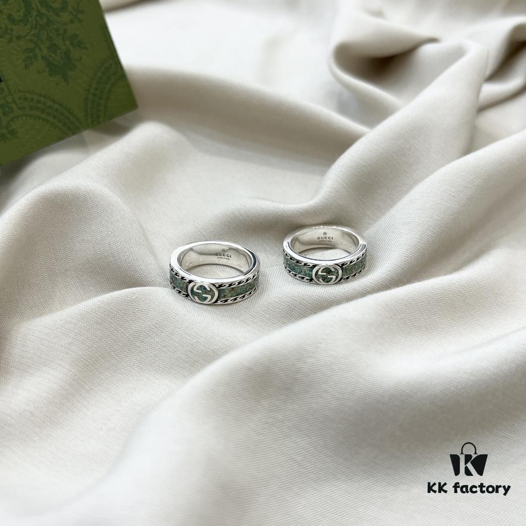 Gucci Gucci 925 Sterling Silver GG Logo Light Gray Marble Enamel Ring