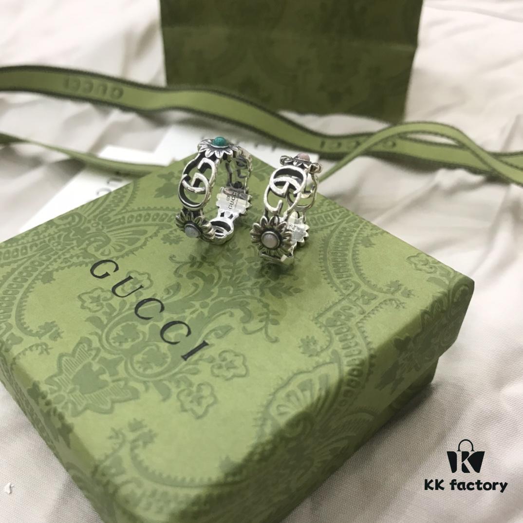 Gucci 925 Sterling Silver Double G Daisy Turquoise Pink Shell Ring