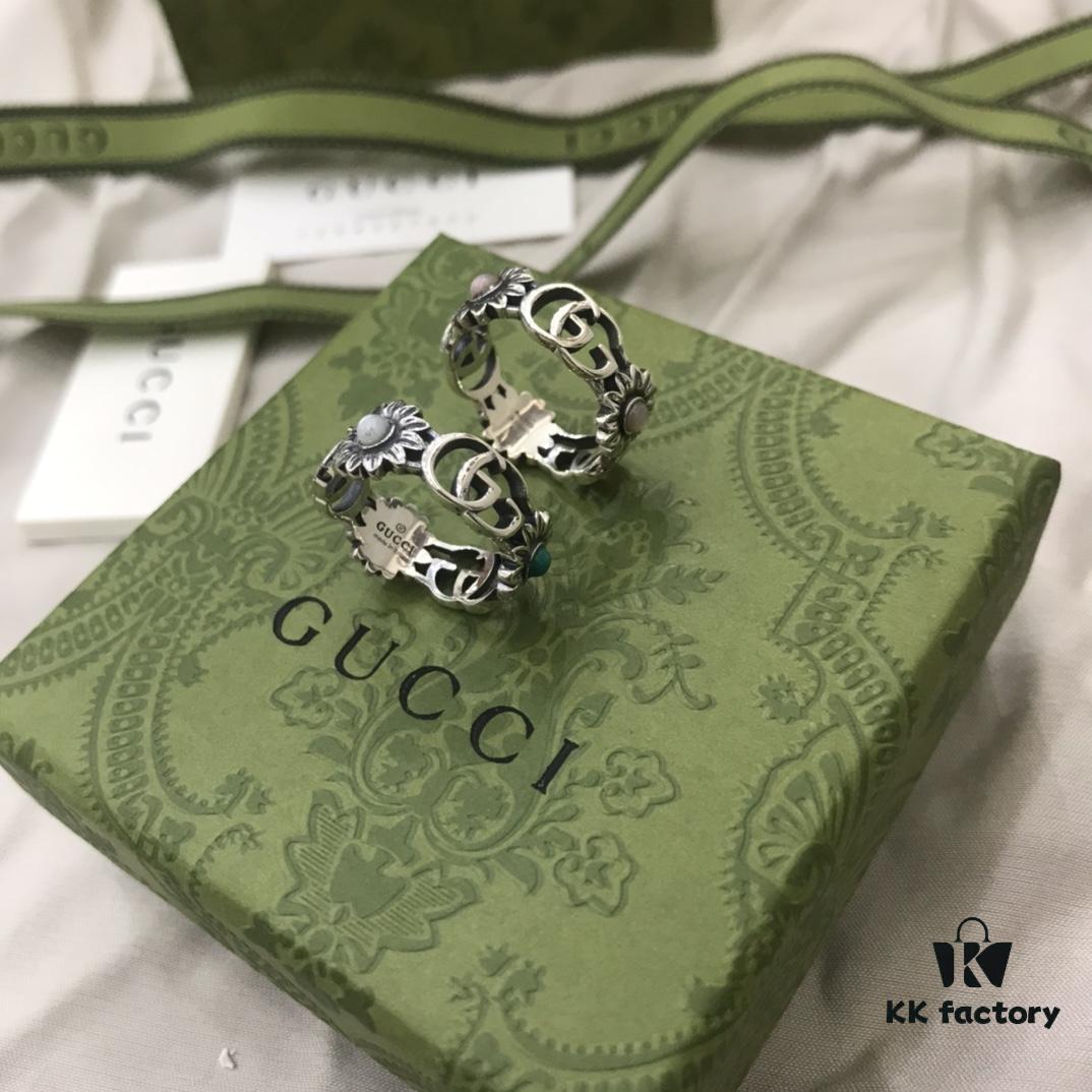 Gucci 925 Sterling Silver Double G Daisy Turquoise Pink Shell Ring