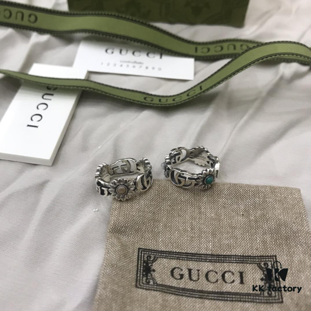 Gucci 925 Sterling Silver Double G Daisy Turquoise Pink Shell Ring