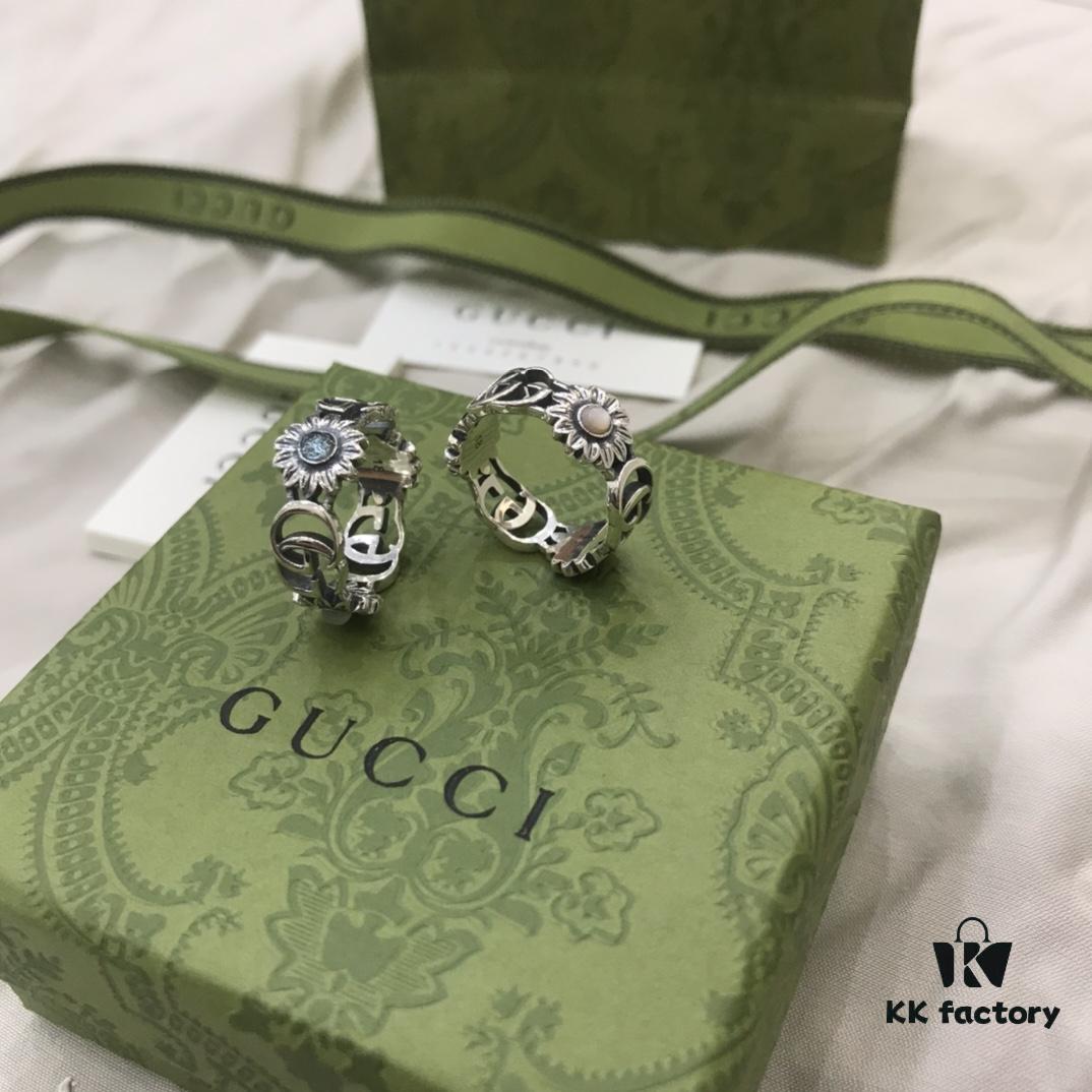 Gucci 925 Sterling Silver Double G Daisy Turquoise Pink Shell Ring