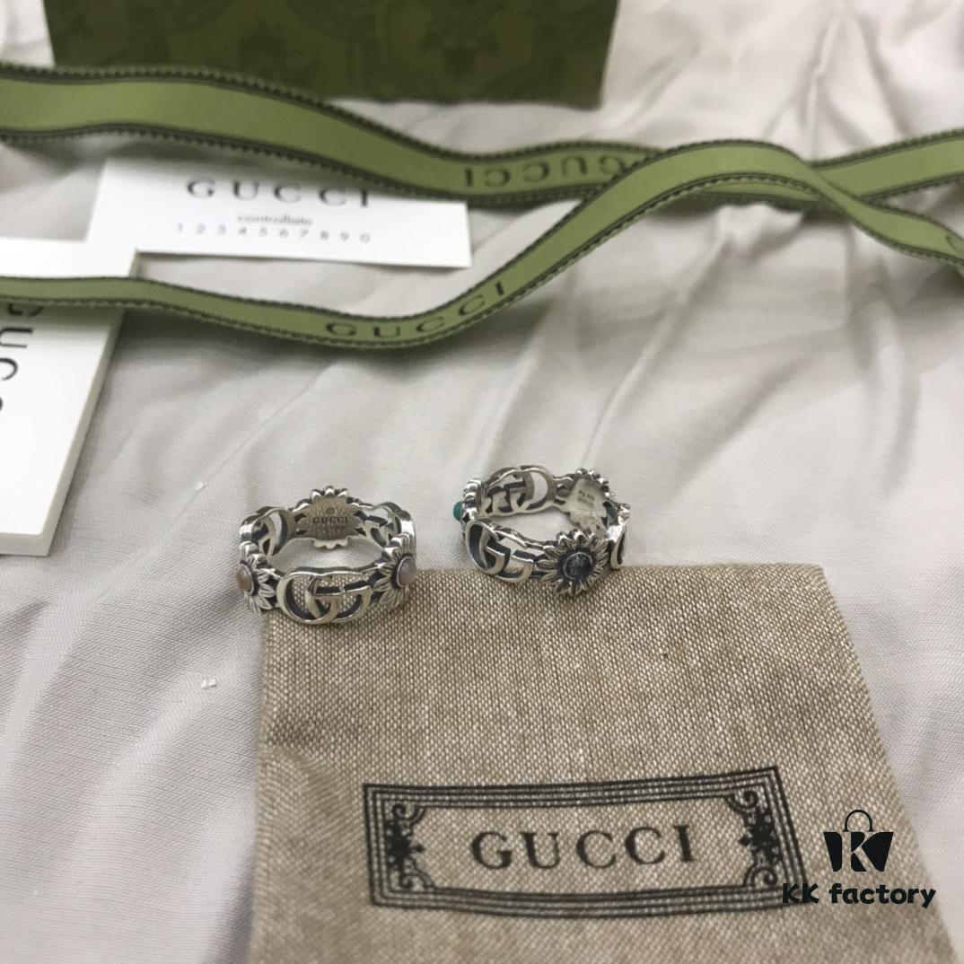 Gucci 925 Sterling Silver Double G Daisy Turquoise Pink Shell Ring