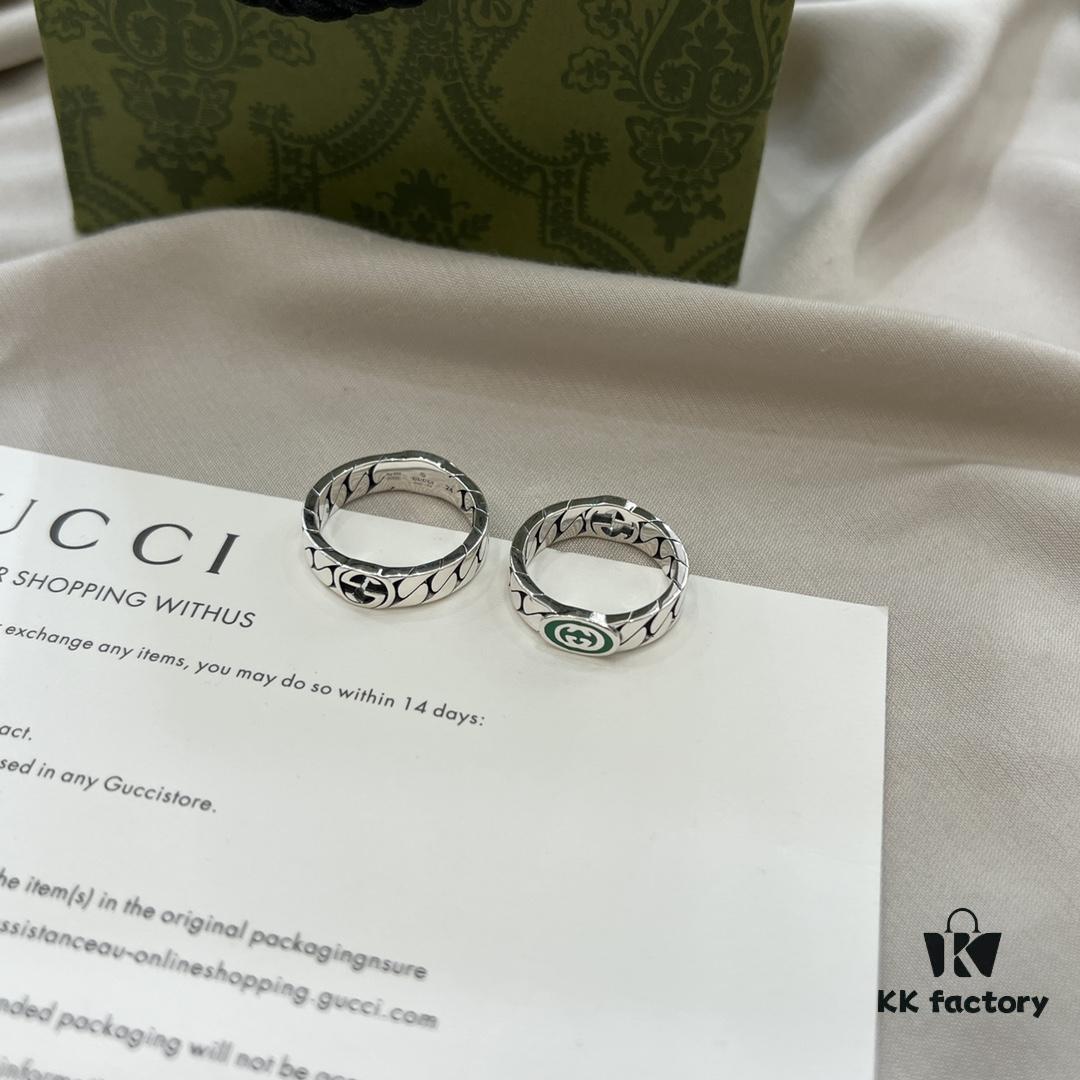Gucci Gucci New Arrival 925 Sterling Silver Green Enamel Interlocking Double G Ring