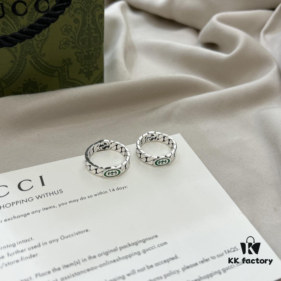 Gucci Gucci New Arrival 925 Sterling Silver Green Enamel Interlocking Double G Ring
