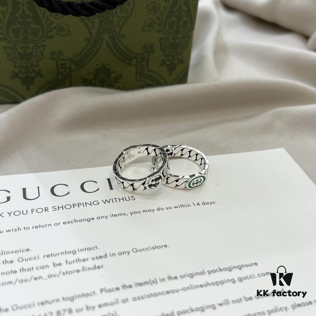 Gucci Gucci New Arrival 925 Sterling Silver Green Enamel Interlocking Double G Ring