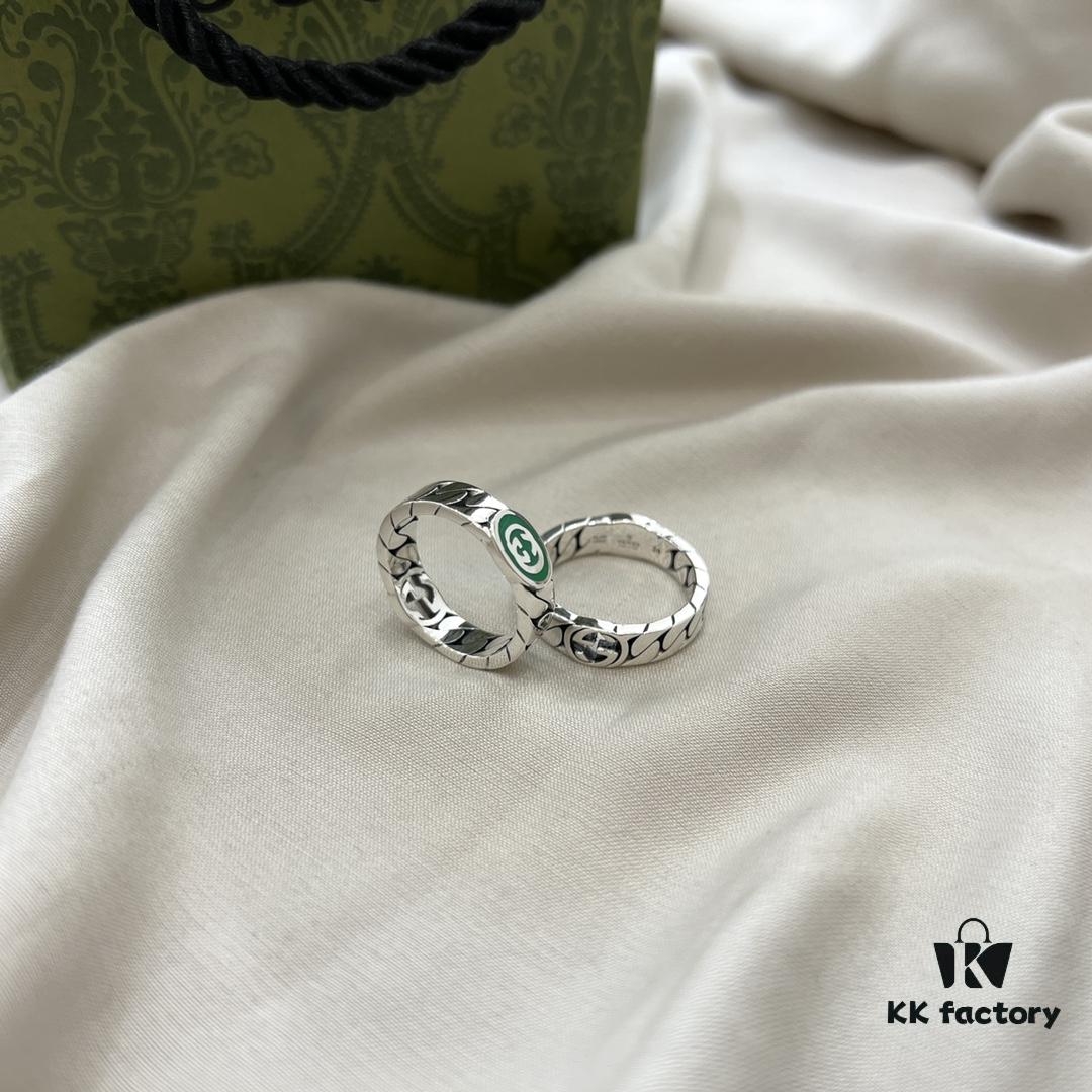 Gucci Gucci New Arrival 925 Sterling Silver Green Enamel Interlocking Double G Ring