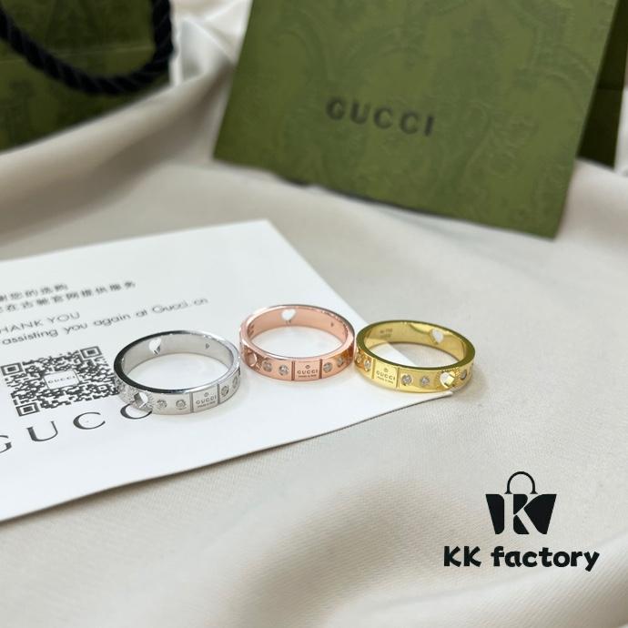 Gucci Gucci 925 Sterling Silver Icon Series Heart Openwork Diamond-Inlaid Ring