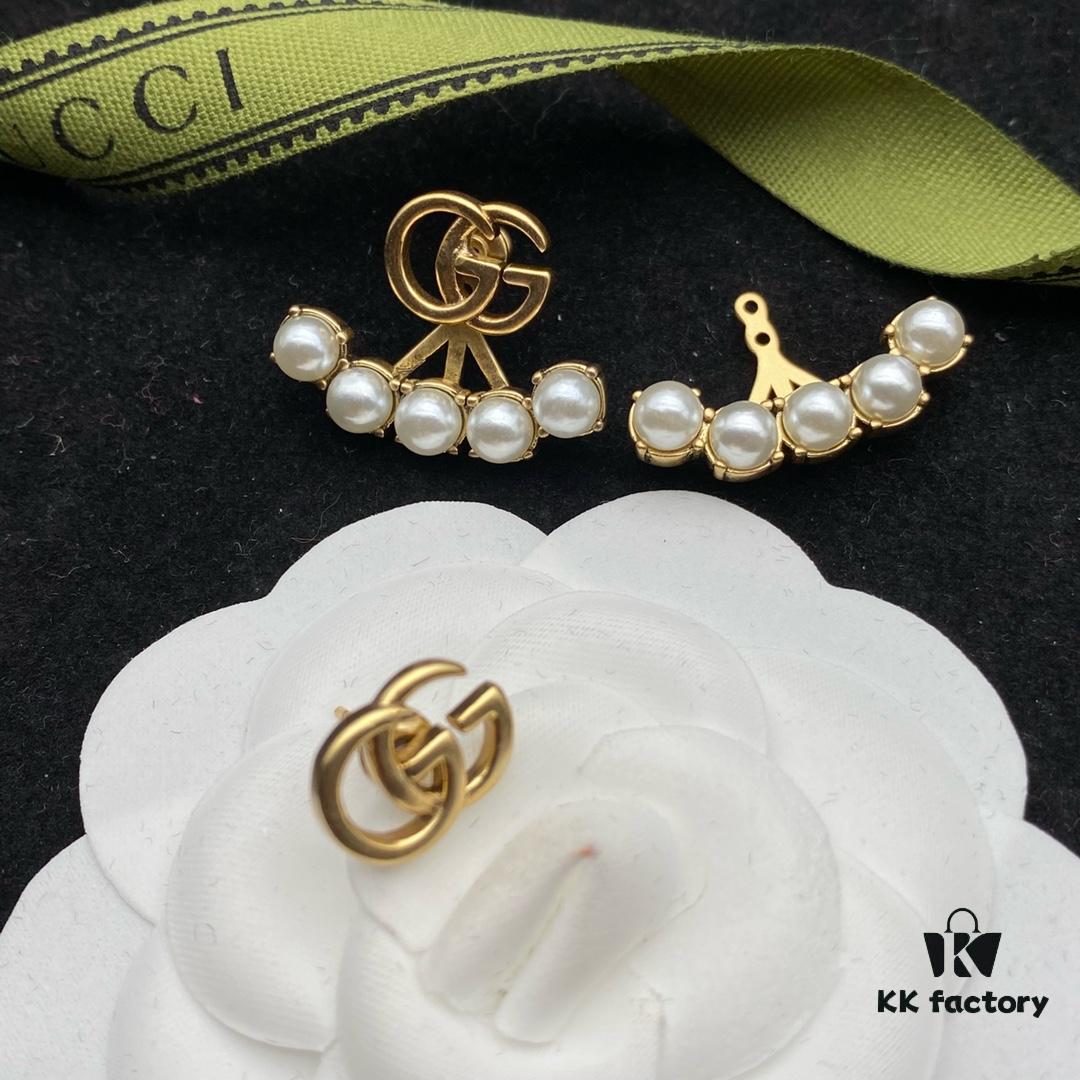 Gucci GG Pearl Inlaid Diamond Elegant Retro Stud Earrings
