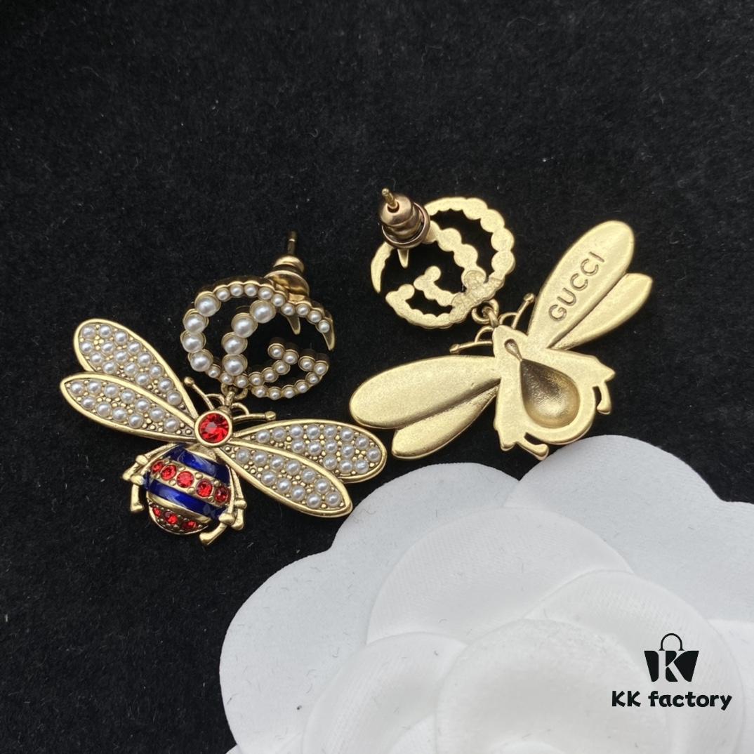 Gucci GG Bee Pearl Diamond-Inlaid Elegant Retro Stud Earrings 🐝💚