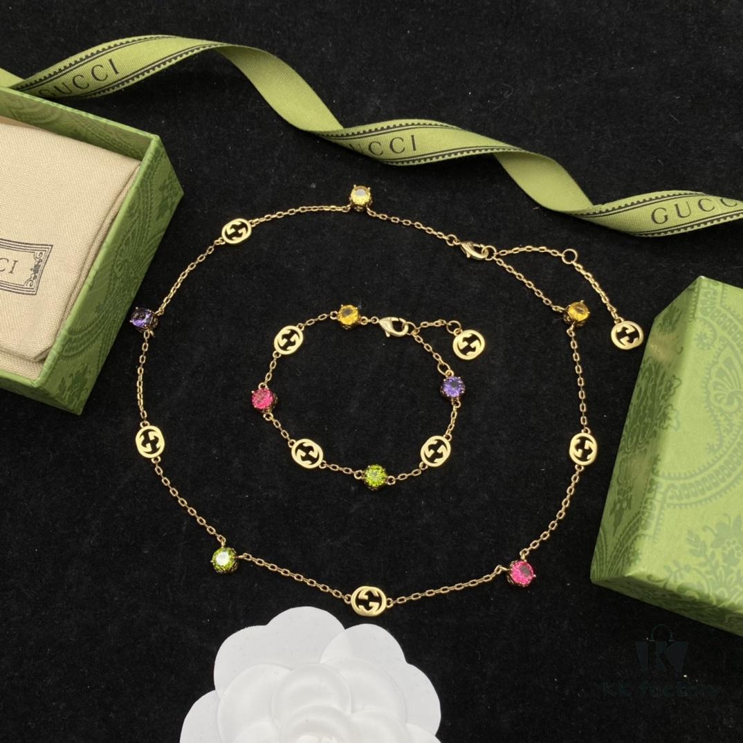 Gucci GUCCI New Colorful Diamond Elegant Retro Necklace Bracelet 💚