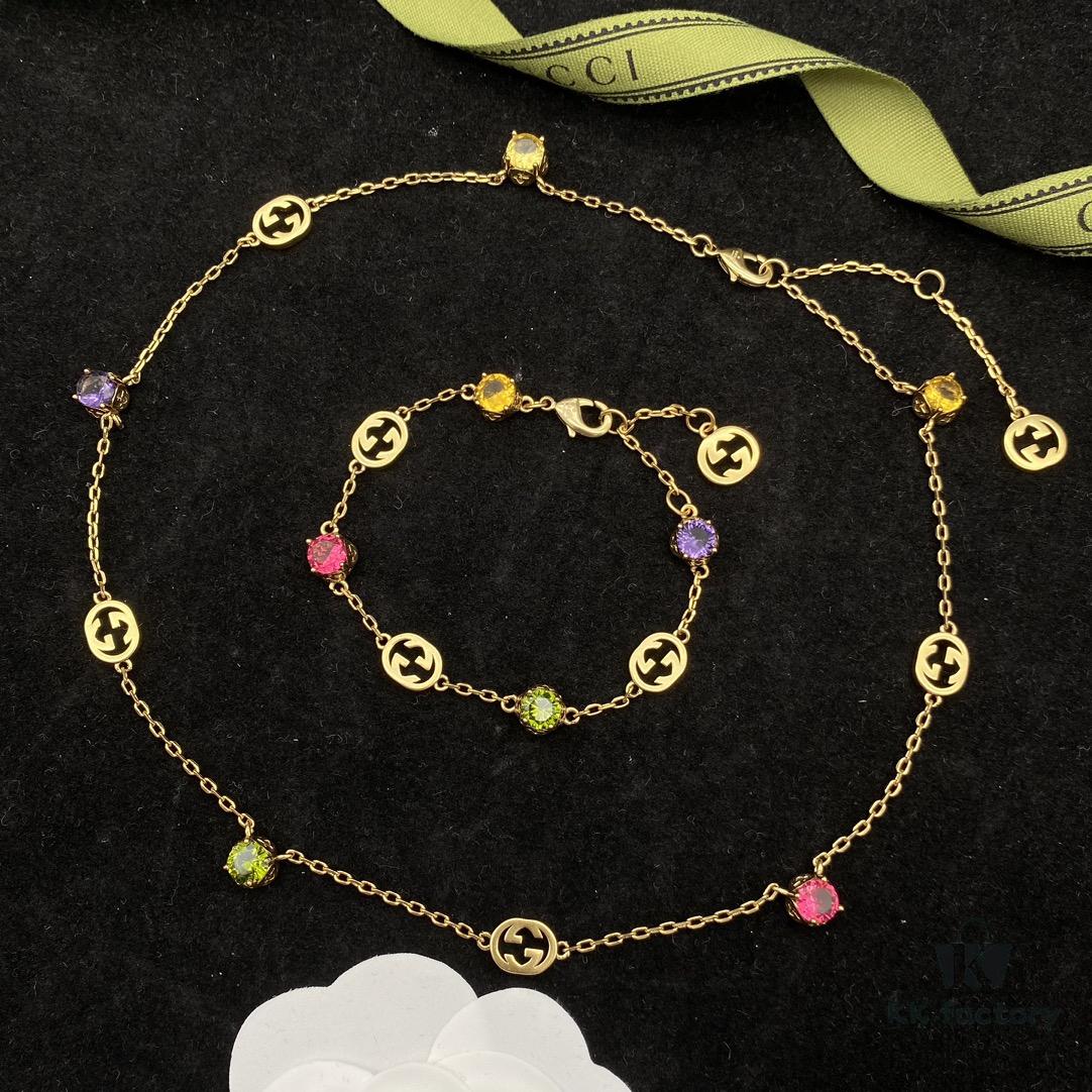 Gucci GUCCI New Colorful Diamond Elegant Retro Necklace Bracelet 💚