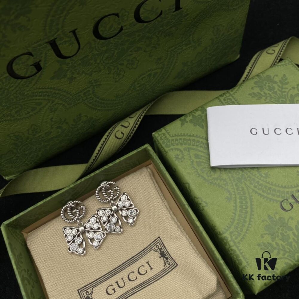Gucci Double G Bow Diamond-Paved Elegant Stud Earrings 💚