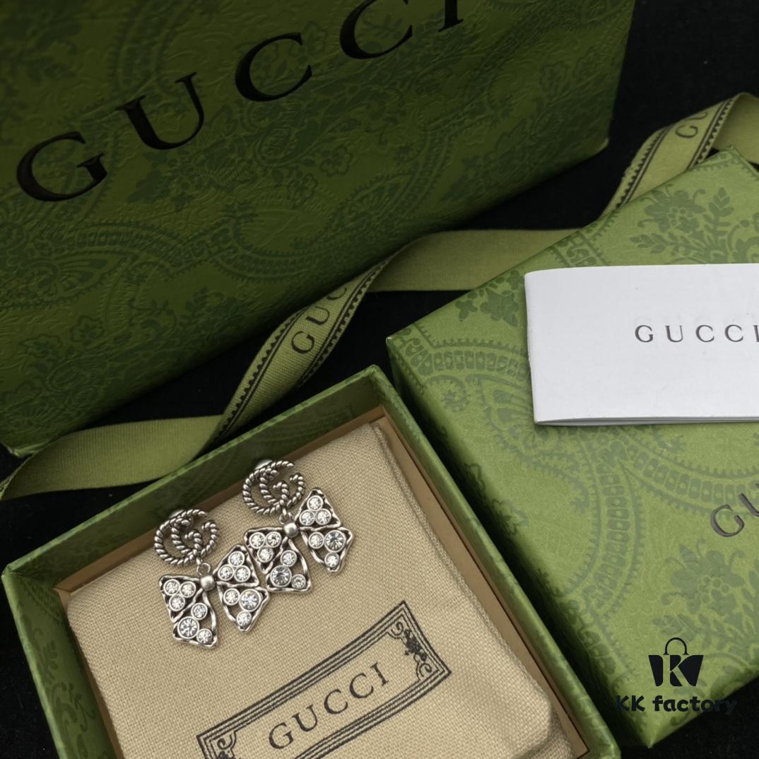 Gucci Double G Bow Diamond-Paved Elegant Stud Earrings 💚