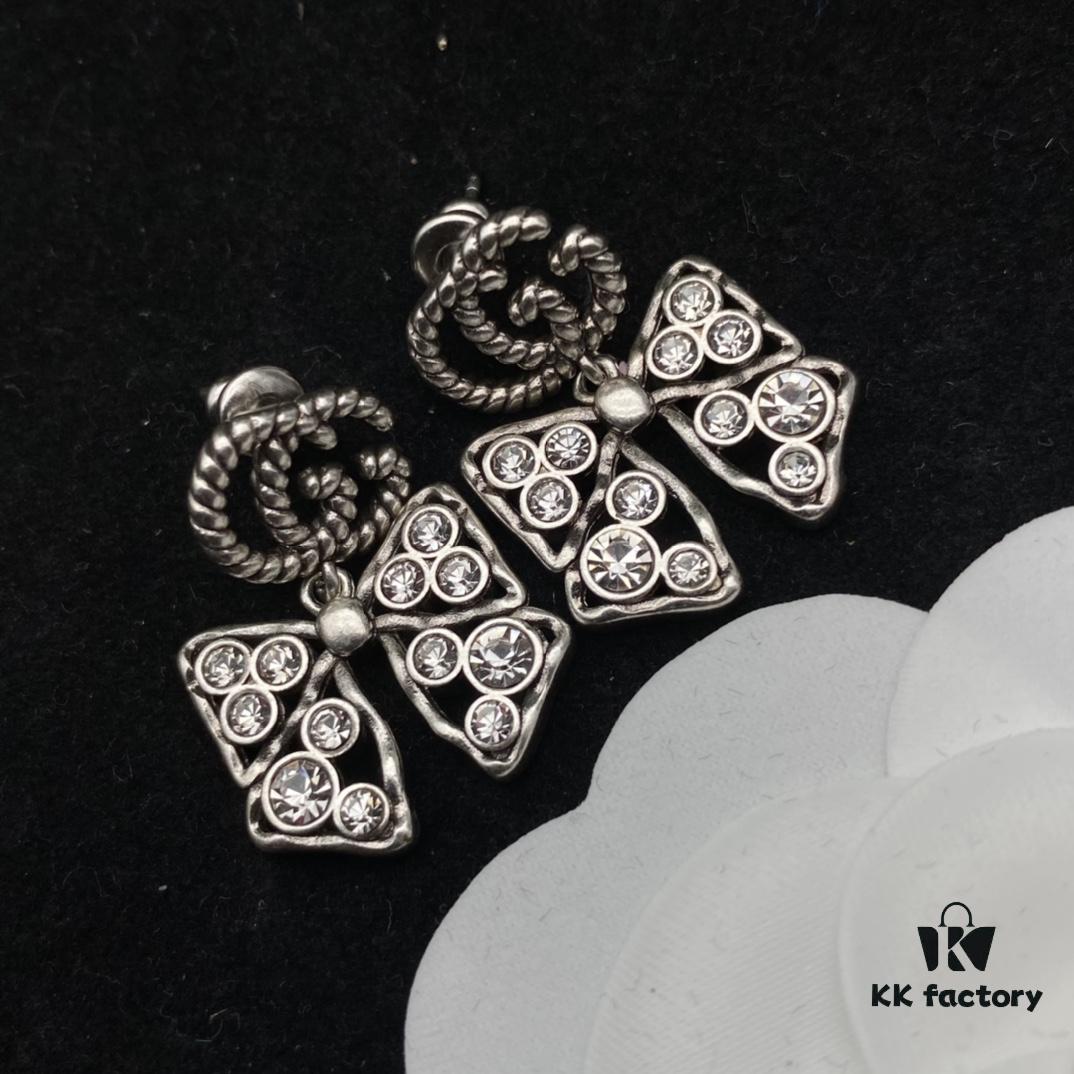 Gucci Double G Bow Diamond-Paved Elegant Stud Earrings 💚