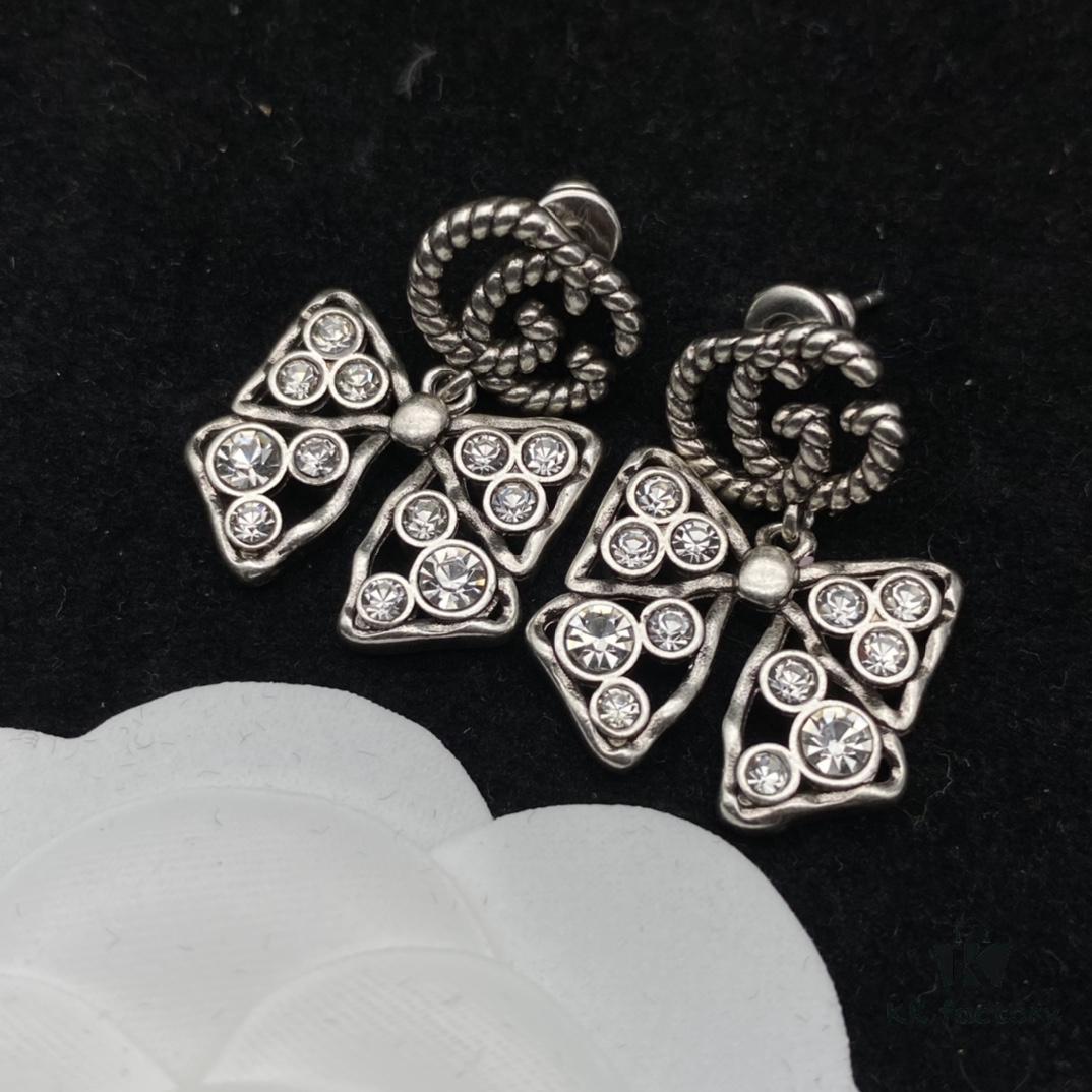 Gucci Double G Bow Diamond-Paved Elegant Stud Earrings 💚