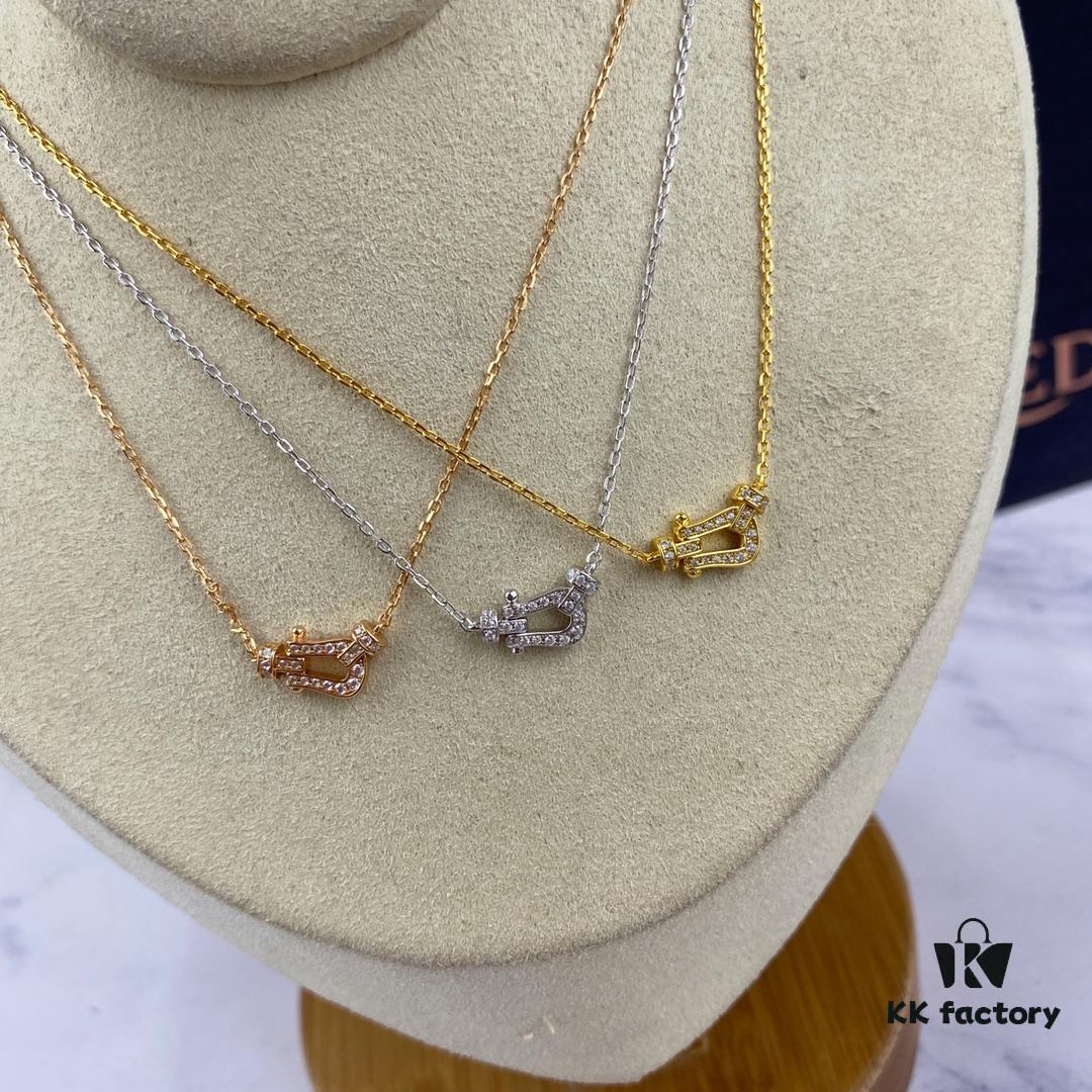 Fred Force 18K Gold Plated Sterling Silver Horseshoe Pendant Necklace with Full Diamond Micro-Pave Clasp