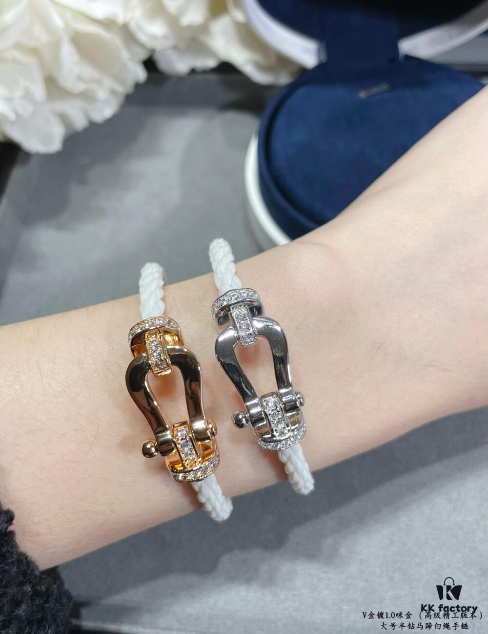 Fred Large Half-Diamond Horseshoe White Rope Bracelet – Luxury Fashion Exquisite Design, High-End Customized Thickened 18K Gold Plated Craftsmanship, Precision Micro-Inlay, Must-Have Item for Influencers and Style Enthusiasts