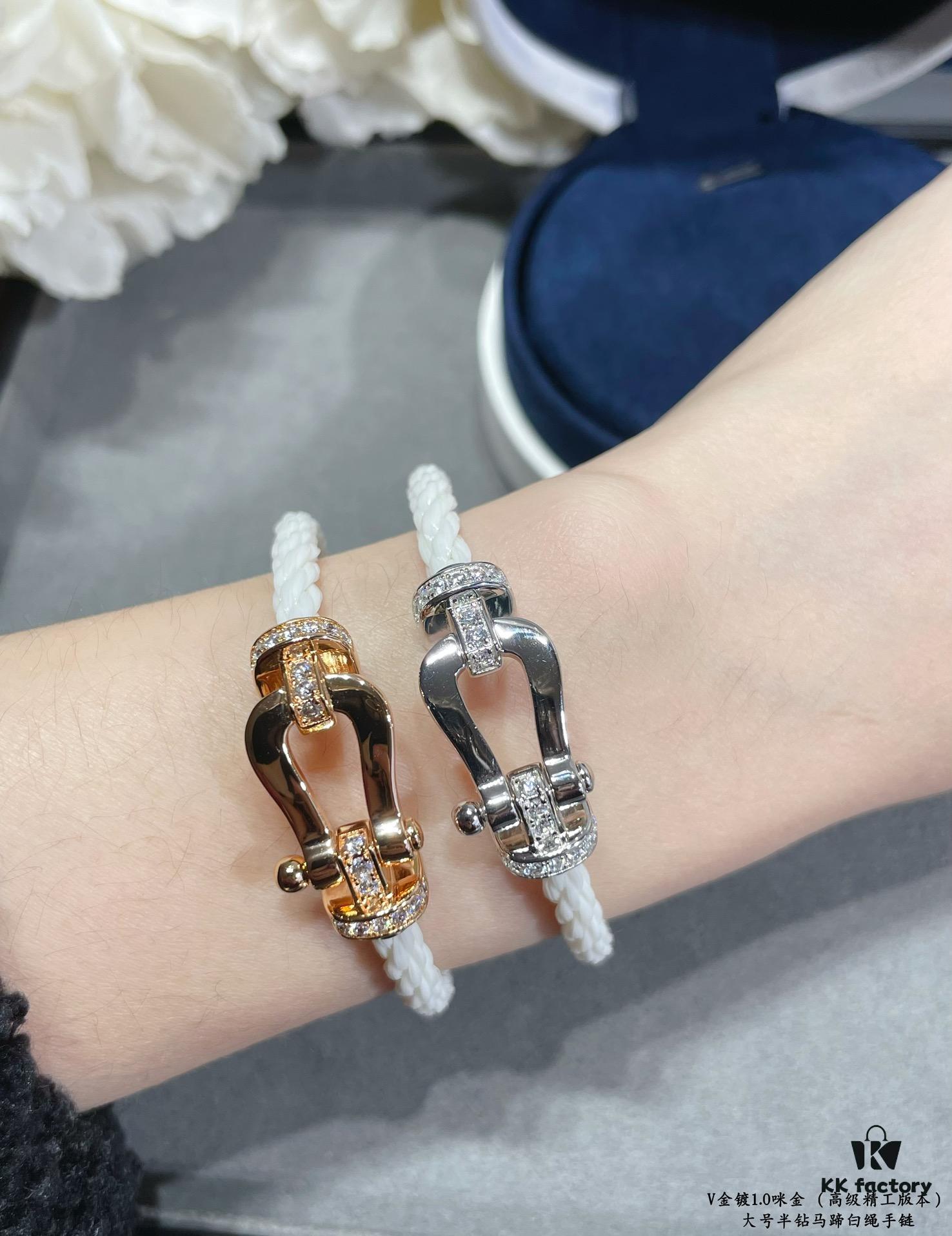 Fred Large Half-Diamond Horseshoe White Rope Bracelet – Luxury Fashion Exquisite Design, High-End Customized Thickened 18K Gold Plated Craftsmanship, Precision Micro-Inlay, Must-Have Item for Influencers and Style Enthusiasts