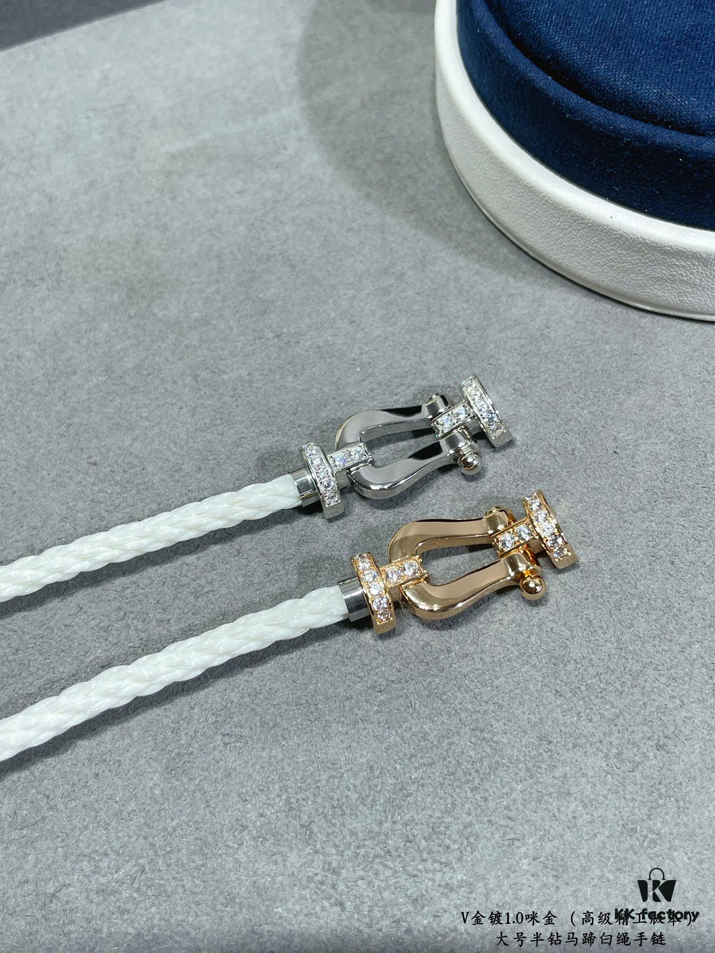 Fred Large Half-Diamond Horseshoe White Rope Bracelet – Luxury Fashion Exquisite Design, High-End Customized Thickened 18K Gold Plated Craftsmanship, Precision Micro-Inlay, Must-Have Item for Influencers and Style Enthusiasts