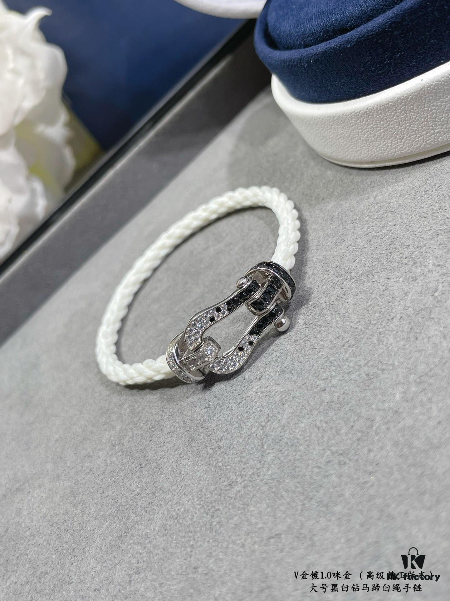 Fred Large Black and White Diamond Horseshoe White Rope Bracelet - Luxury Fashion Exquisite Craftsmanship