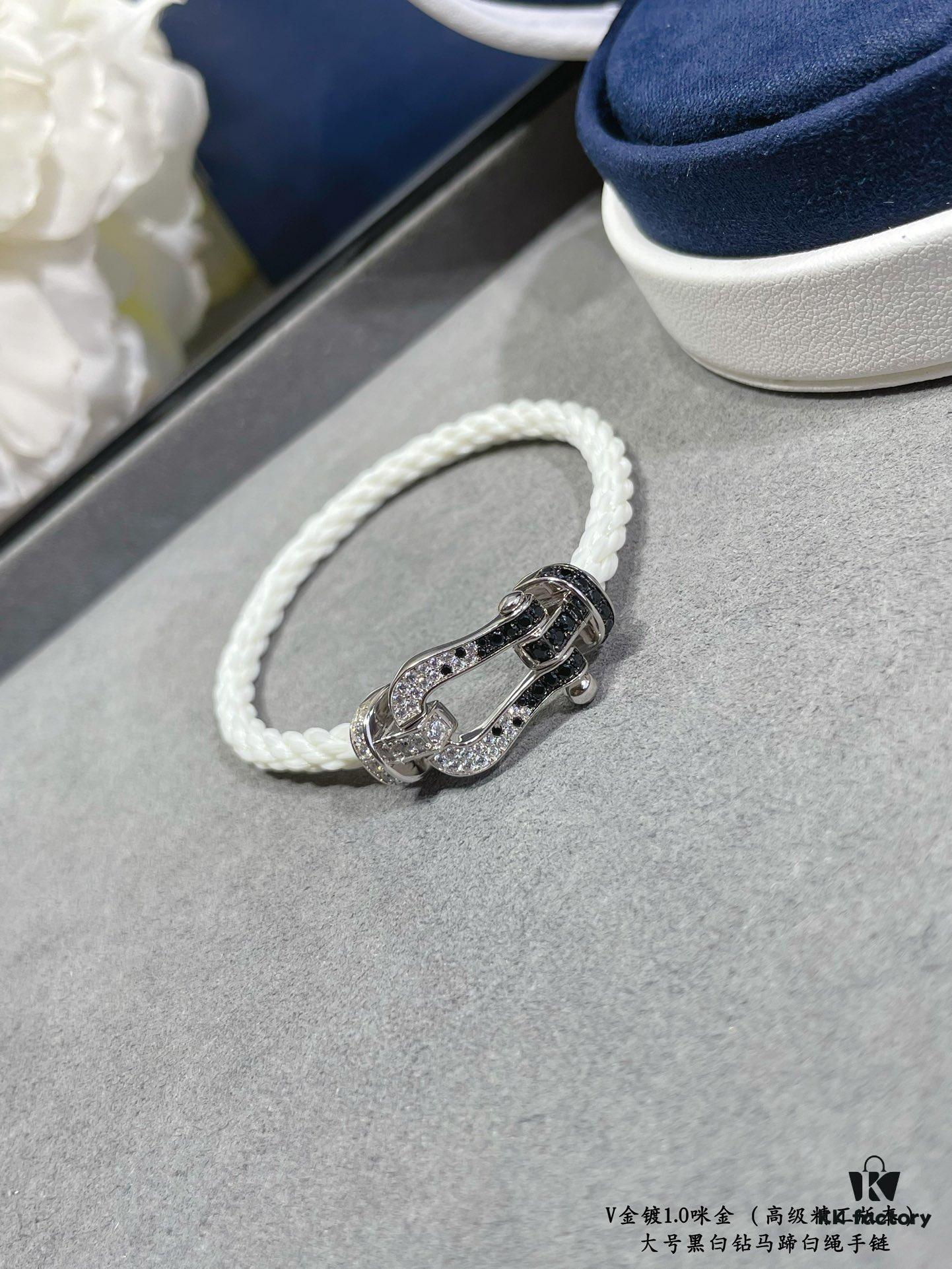 Fred Large Black and White Diamond Horseshoe White Rope Bracelet - Luxury Fashion Exquisite Craftsmanship