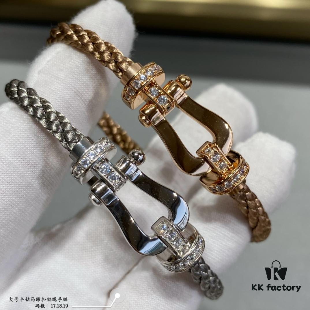 Fred Large Half-Diamond Horseshoe Buckle Steel Rope Bracelet - Luxury Fashion Exquisite High-End Custom Design with Thickened 18K Gold Plating, Precision Micro-Inlay, a Must-Have for Influencers and Style Enthusiasts