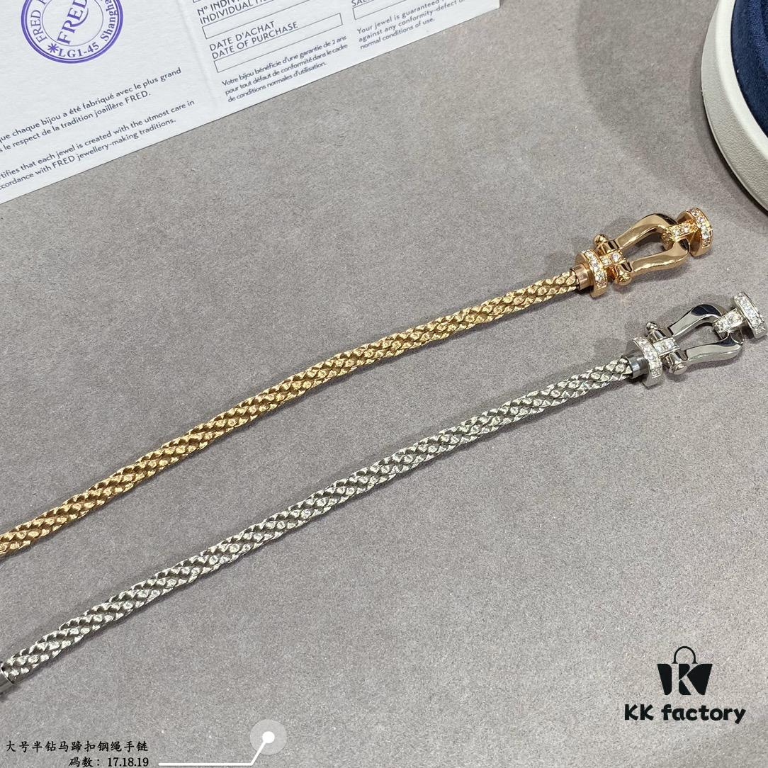 Fred Large Half-Diamond Horseshoe Buckle Steel Rope Bracelet - Luxury Fashion Exquisite High-End Custom Design with Thickened 18K Gold Plating, Precision Micro-Inlay, a Must-Have for Influencers and Style Enthusiasts