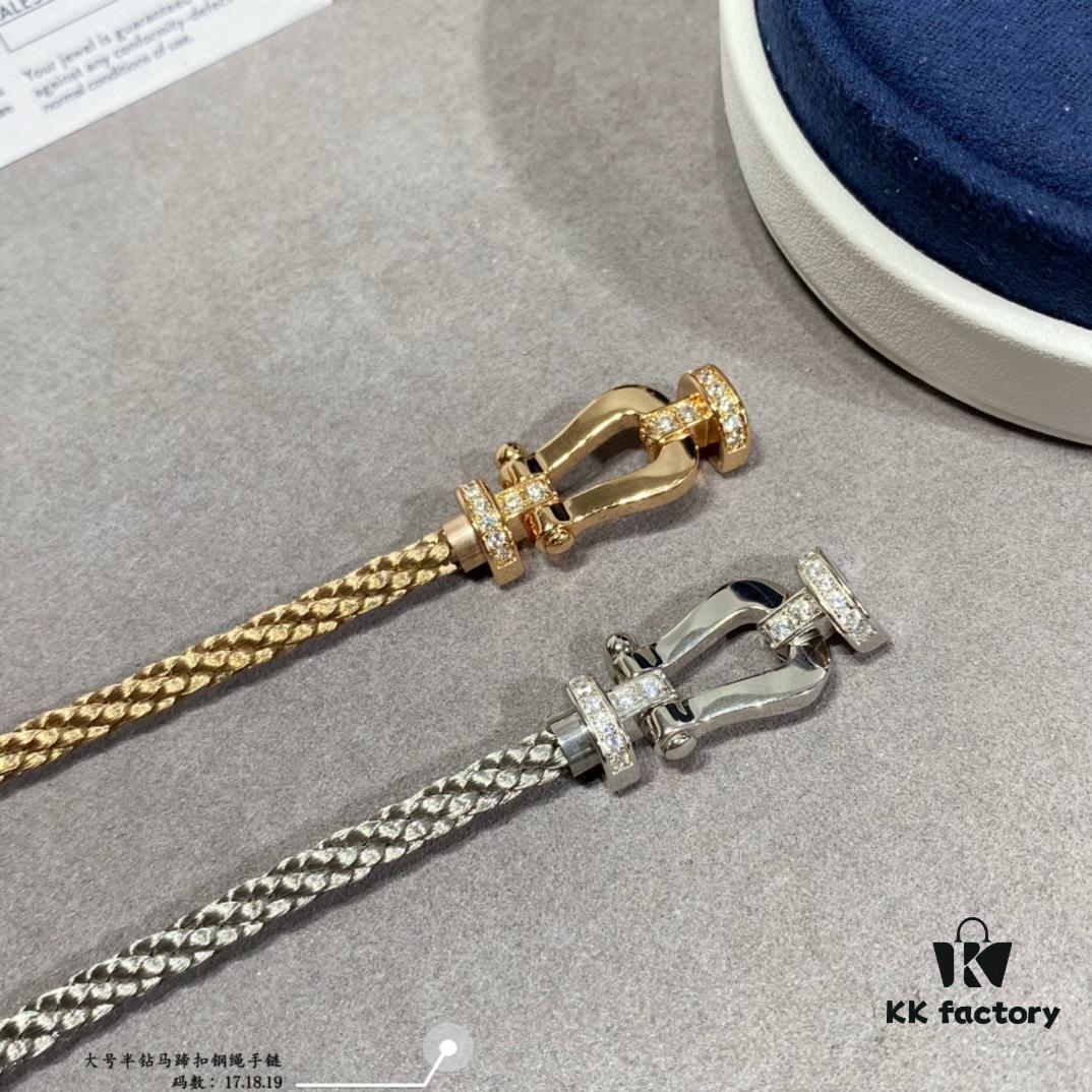 Fred Large Half-Diamond Horseshoe Buckle Steel Rope Bracelet - Luxury Fashion Exquisite High-End Custom Design with Thickened 18K Gold Plating, Precision Micro-Inlay, a Must-Have for Influencers and Style Enthusiasts