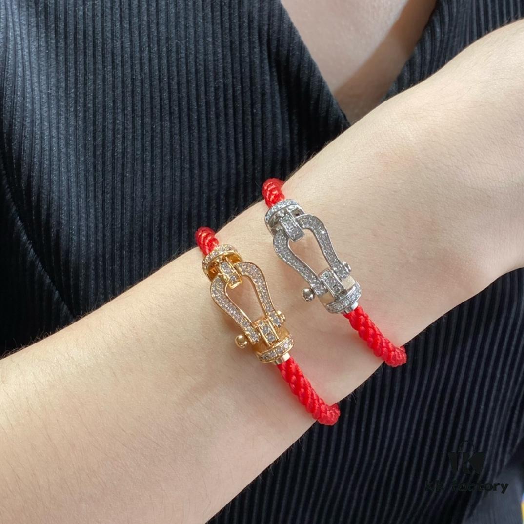 Fred Large Full Diamond Horseshoe Red String Bracelet – Luxury Fashion Elegant Design, High-End Customized Thickened 18K Gold Plated Craftsmanship, Precision Micro-Pave, Must-Have Accessory for Influencers and Style Enthusiasts, Platinum and Rose Gold Options