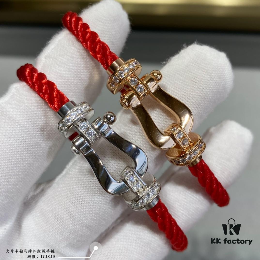 Fred Large Semi-Paved Horsehoof Knot Red String Bracelet - Luxury Fashion Exquisite Design, High-End Customized Thickened 18K Gold Plated Craftsmanship, Micro-Inlaid Workmanship, Must-Have Item for Influencers and Fashion Enthusiasts, Platinum