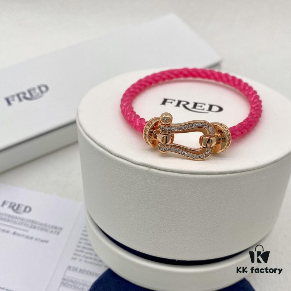 FRED Force 10 Large Half-Pave Diamond Bracelet in Vibrant Rosewood-Colored Cord