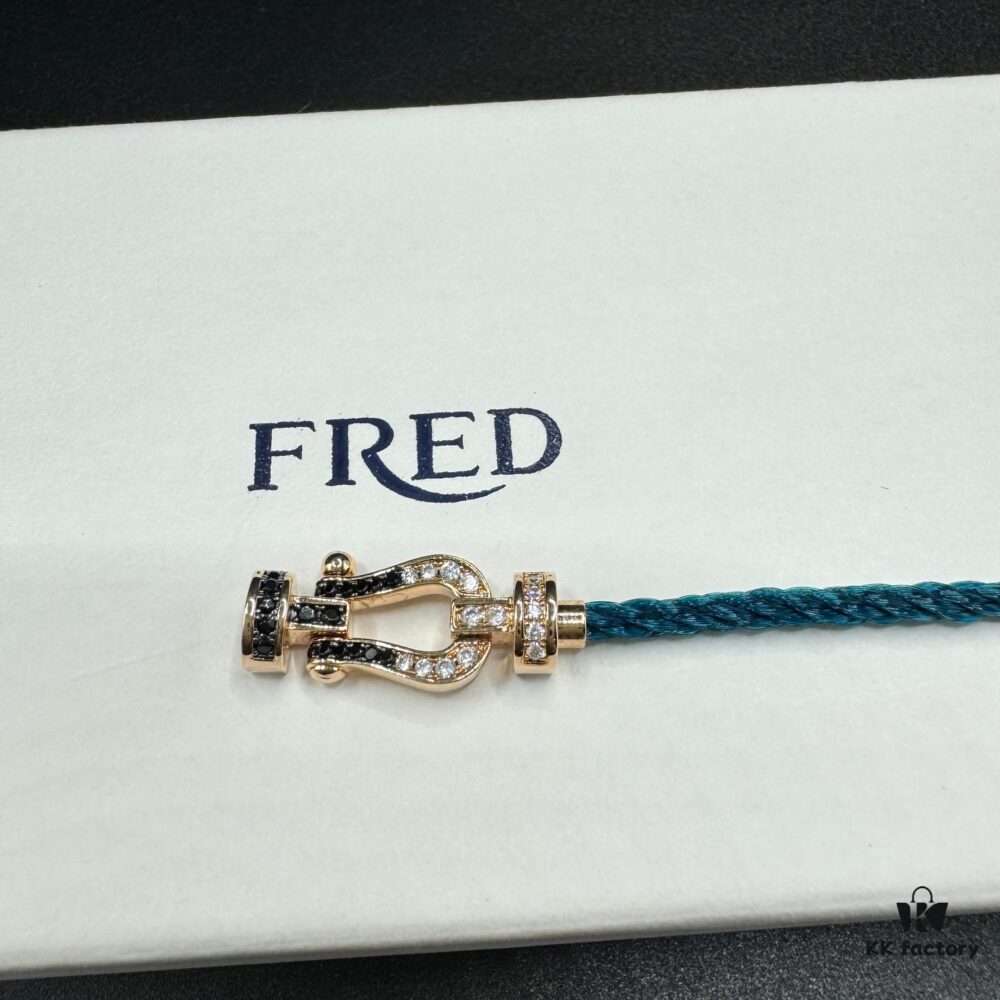 FRED Fred Bracelet, Medium Rose Gold Force 10 Collection with Black and White Gemstones, Steel Cord Bracelet
