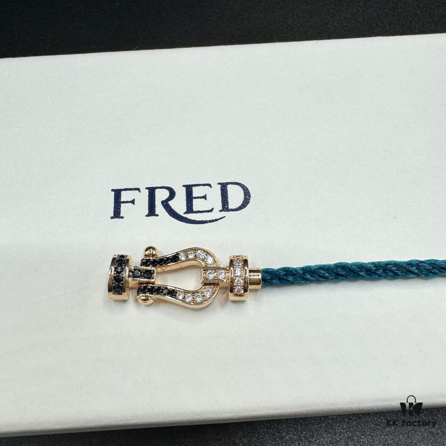 FRED Fred Bracelet, Medium Rose Gold Force 10 Collection with Black and White Gemstones, Steel Cord Bracelet