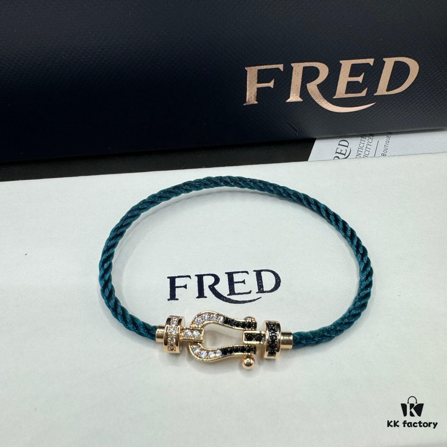 FRED Fred Bracelet, Medium Rose Gold Force 10 Collection with Black and White Gemstones, Steel Cord Bracelet