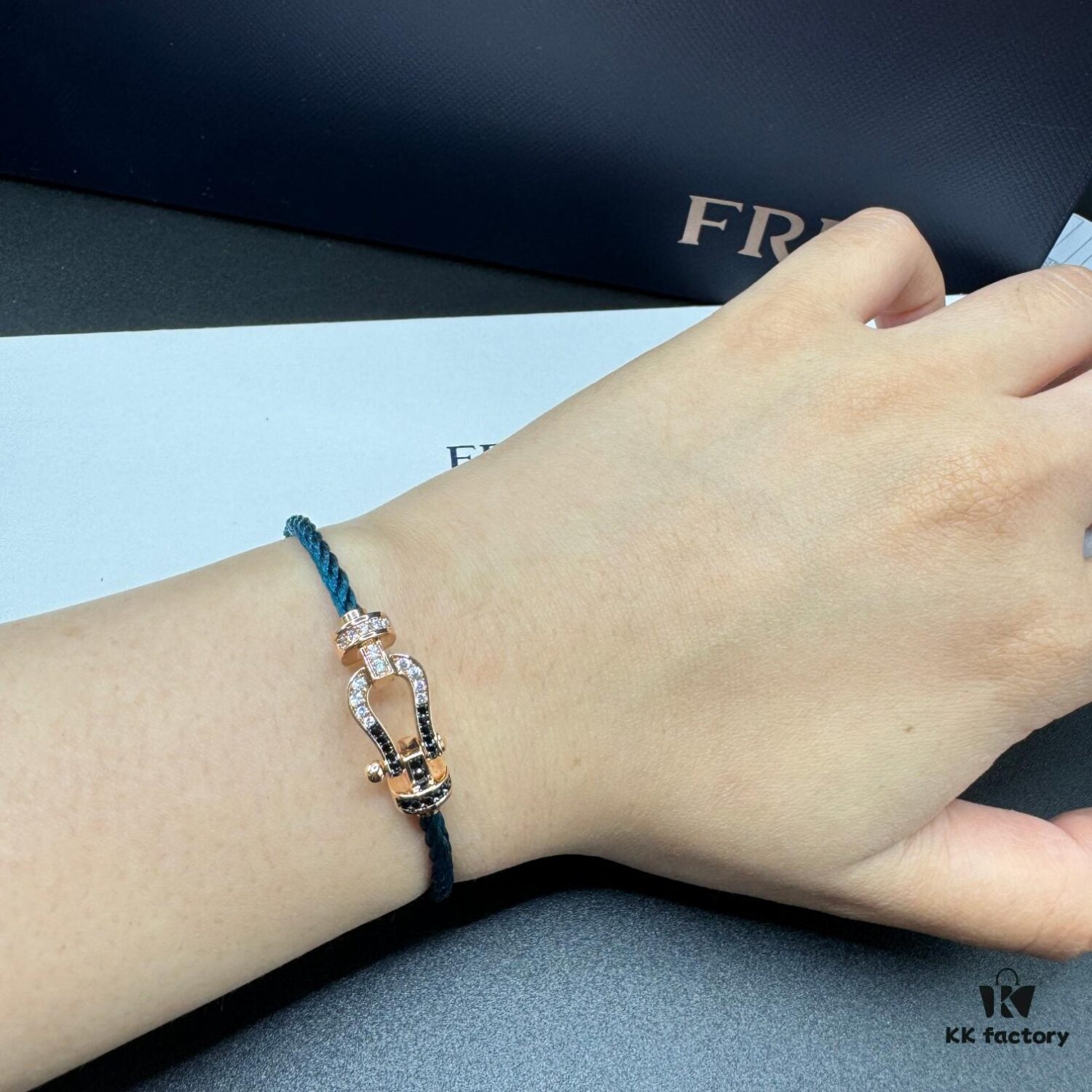 FRED Fred Bracelet, Medium Rose Gold Force 10 Collection with Black and White Gemstones, Steel Cord Bracelet