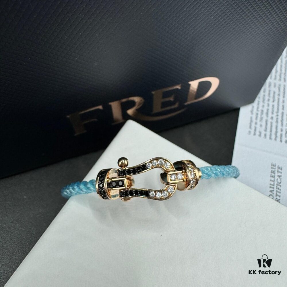 FRED Force 10 Bracelet in Rose Gold, Medium Size, with Black and White Gemstones, Steel Cord Design