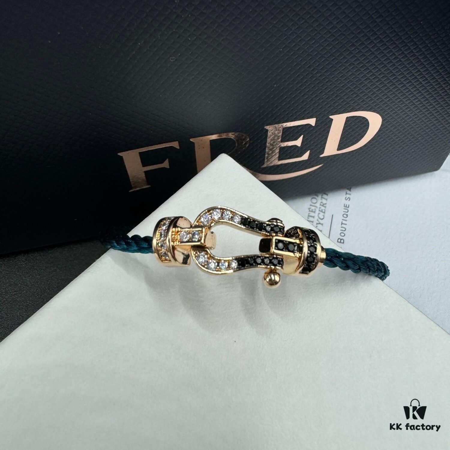 FRED Fred Bracelet, Medium Rose Gold Force 10 Collection with Black and White Gemstones, Steel Cord Bracelet