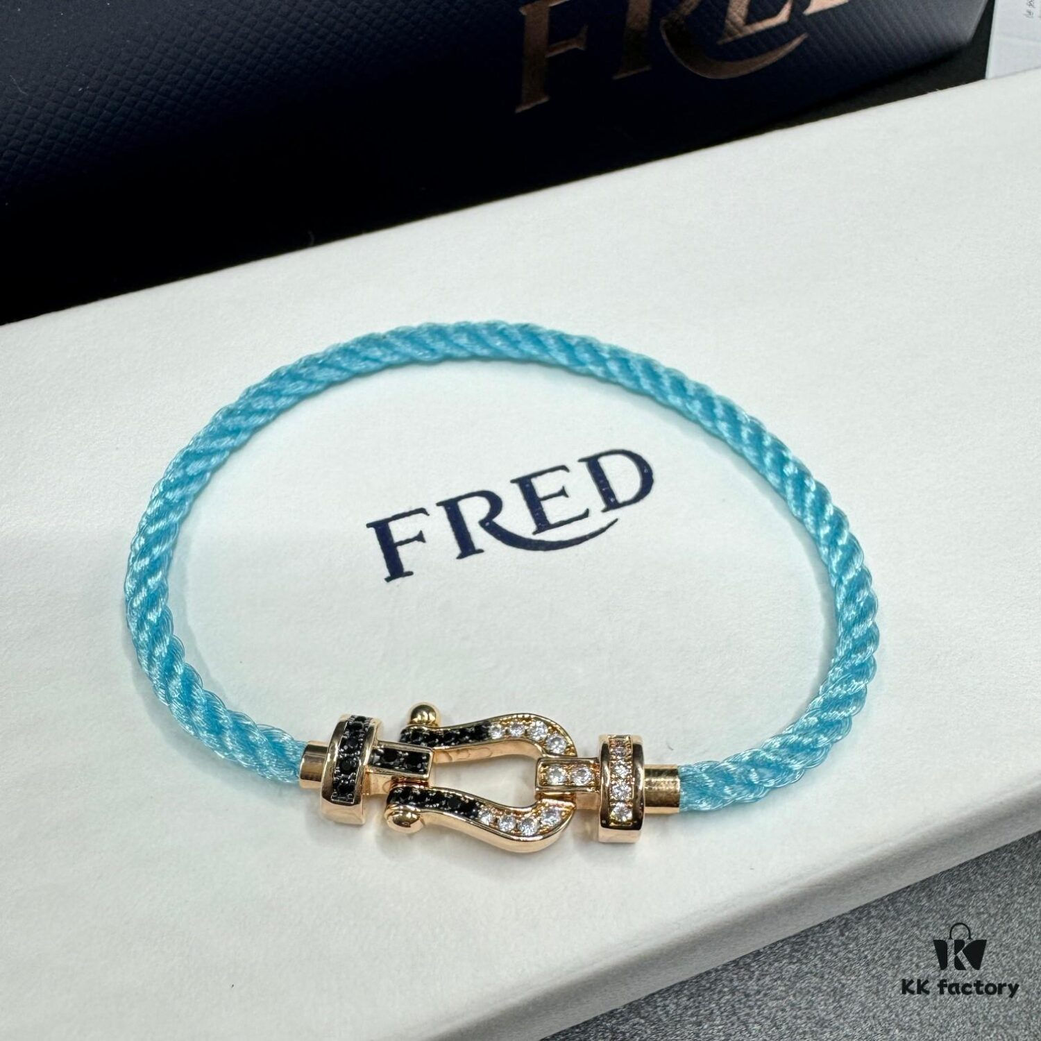 FRED Force 10 Bracelet in Rose Gold, Medium Size, with Black and White Gemstones, Steel Cord Design