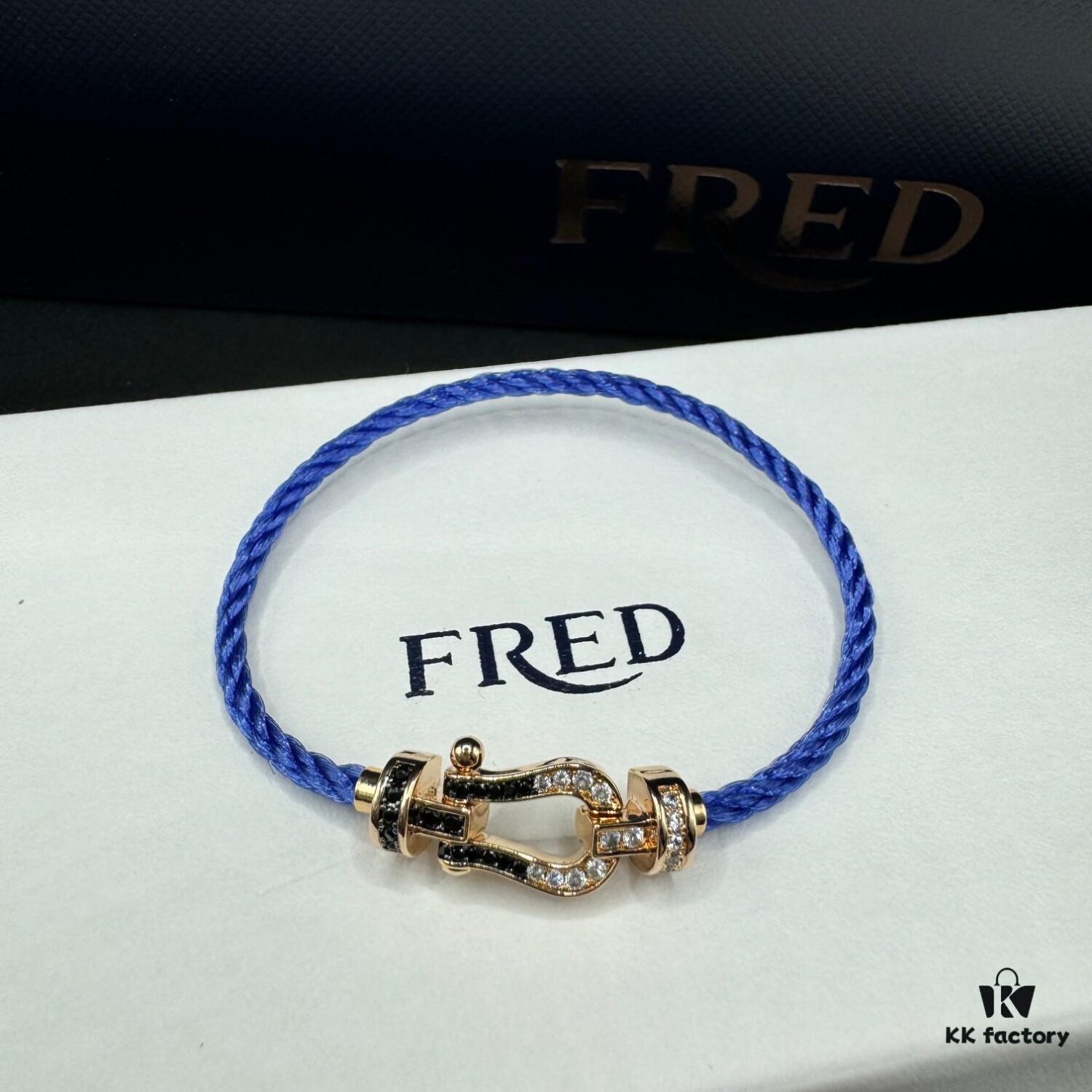 FRED Force 10 Bracelet in Medium Rose Gold with Black and White Gemstones, Steel Cable Design